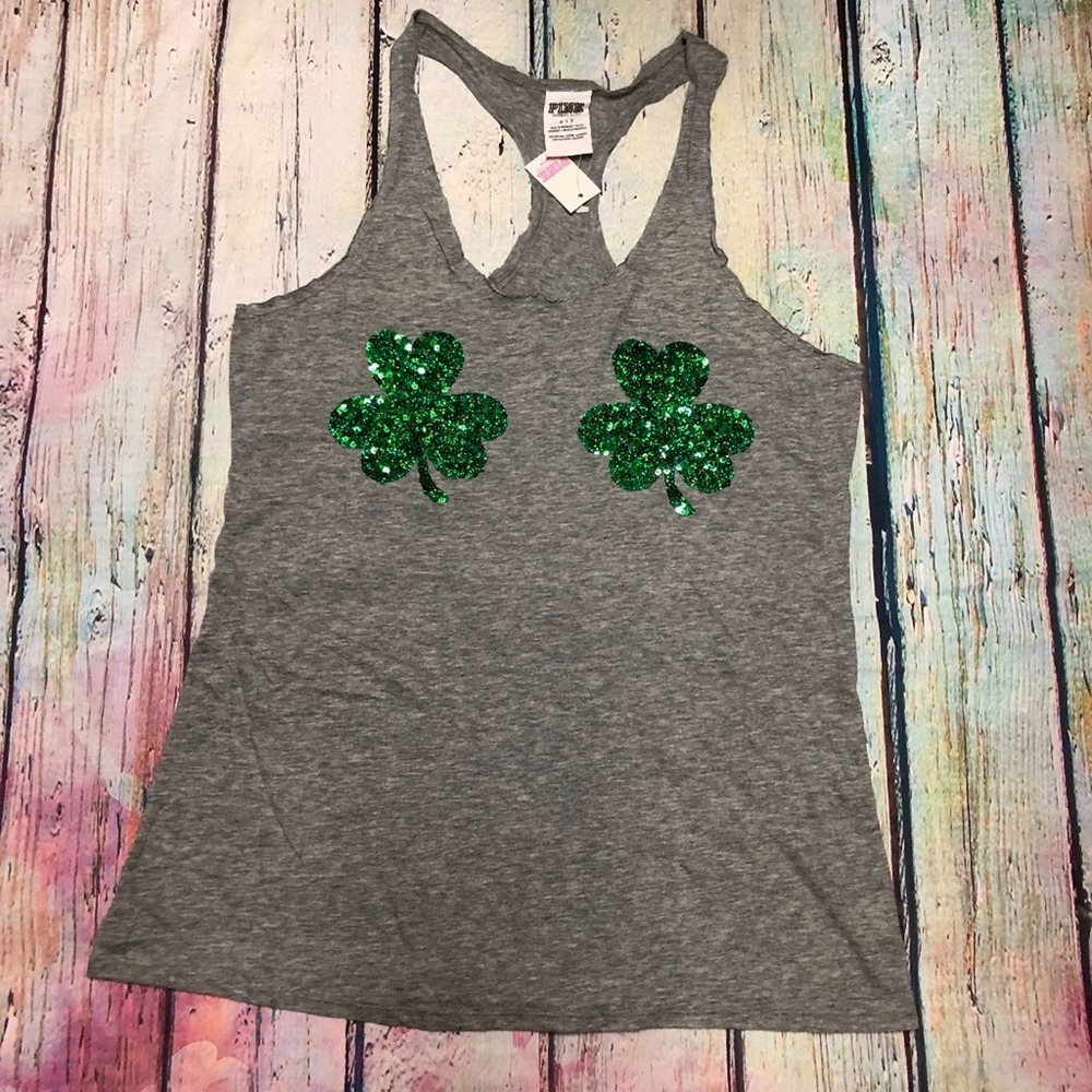 PINK Victoria's Secret Gray Tank Top with Green Shamrocks